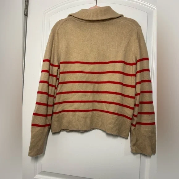 Banana Republic Cream Striped 100% Cashmere Quarter-Zip sweater size Medium chic - Picture 3 of 11